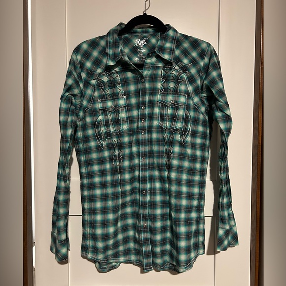Rock 47 Tops - Rock 47 Bling Snap Button Plaid Western Shirt Size Large
